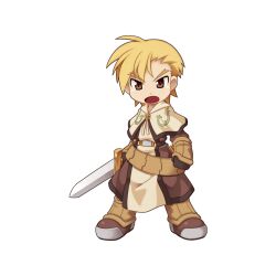 Rule 34 | 1boy, armored boots, asymmetrical hair, belt, blonde hair, boots, brown eyes, brown footwear, brown pants, brown shirt, brown shorts, capelet, chibi, full body, holding, holding sword, holding weapon, looking at viewer, male focus, medium bangs, official art, open mouth, pants, ragnarok online, scabbard, sheath, shirt, short hair, shorts, simple background, solo, standing, sword, swordsman (ragnarok online), tachi-e, transparent background, v-shaped eyebrows, weapon, white capelet, yuichirou
