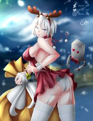 Rule 34 | 1girl, 2b (nier:automata), absurdres, android, antlers, ass, bare shoulders, blue eyes, blush, breasts, christmas, dark-sq7, fake antlers, garter straps, highres, horns, large breasts, looking at viewer, nier:automata, nier (series), pod (nier:automata), reindeer antlers, santa costume, shiny skin, short hair, sideboob, smile, thighhighs, white hair