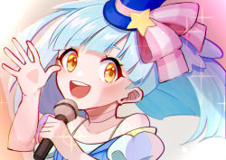 Rule 34 | 1girl, blue dress, blue hair, bow, choker, dress, hair ornament, hat, holding, holding microphone, hoshikawa lily, koto noble gas, looking at viewer, microphone, open mouth, pink bow, pink choker, puffy short sleeves, puffy sleeves, short sleeves, star (symbol), star hair ornament, top hat, yellow eyes, zombie land saga