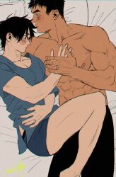 Rule 34 | 2boys, bara, bed, black hair, black male underwear, black pants, blue shirt, blush, couple, kashikahaya, large pectorals, looking at another, lying, male focus, male underwear, multiple boys, muscular, muscular male, on back, on bed, on side, original, pants, pectorals, shirt, short hair, topless male, underwear, yaoi