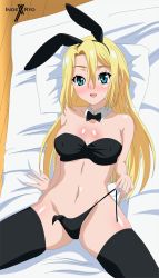 Rule 34 | 1girl, absurdres, bare shoulders, bed, bikini, black bikini, black thighhighs, blonde hair, blush, breasts, dr. stone, highres, indexryo, large breasts, leotard, lillian weinberg, long hair, navel, open mouth, playboy bunny, rabbit ears, smile, strapless, strapless bikini, swimsuit, tagme, thighhighs