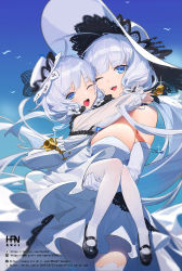 Rule 34 | 2girls, azur lane, blue eyes, breasts, dress, elbow gloves, gloves, han-0v0, hat, highres, illustrious (azur lane), lace-trimmed headwear, lace trim, large breasts, little illustrious (azur lane), long hair, looking at viewer, mole, mole under eye, multiple girls, one eye closed, open mouth, strapless, strapless dress, sun hat, thighhighs, watermark, web address, white dress, white gloves, white hair, white headwear, white legwear