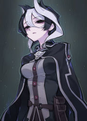 Rule 34 | 1girl, bags under eyes, belt, belt pouch, black cloak, black eyes, black hair, black shirt, buttons, cloak, collared cloak, commentary, from below, gradient background, grey background, grey outline, hair between eyes, half-closed eyes, highres, looking at viewer, looking down, made in abyss, multicolored hair, no pupils, ozen, pouch, satoma makoto, shirt, short hair, signature, solo, standing, streaked hair, two-tone hair, upper body, whistle, whistle around neck, white hair