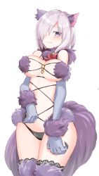 Rule 34 | 1girl, absurdres, animal ears, elbow gloves, fate/grand order, fate (series), fur-trimmed gloves, fur-trimmed legwear, fur collar, fur trim, gloves, hair over one eye, halloween costume, highres, lace, lace-trimmed legwear, lace trim, light purple hair, mash kyrielight, mash kyrielight (dangerous beast), o-ring, official alternate costume, purple eyes, purple gloves, purple thighhighs, revealing clothes, short hair, simple background, solo, tail, thighhighs, white background, wolf ears, wolf girl, wolf tail, xobox