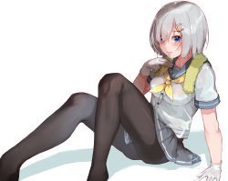 Rule 34 | 10s, 1girl, black pantyhose, blue eyes, breasts, buttons, dripping, eyes visible through hair, gloves, grey skirt, hair ornament, hair over one eye, hairclip, hamakaze (kancolle), highres, kantai collection, large breasts, mugcup, neckerchief, pantyhose, pleated skirt, school uniform, see-through, serafuku, short hair, short sleeves, simple background, sitting, skirt, solo, towel, towel around neck, wet, wet clothes, white background, white gloves, white hair, yellow neckerchief