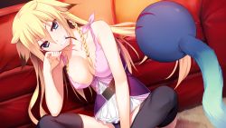 Rule 34 | 1girl, aioh lioh camylia, bare arms, bare shoulders, blonde hair, blue eyes, braid, breasts, cleavage, clenched teeth, eyebrows, fumio (ura fmo), game cg, hand on own cheek, hand on own face, hatsuru koto naki mirai yori, head rest, indoors, large breasts, legs, long hair, looking at viewer, mouth hold, sitting, sleeveless, smile, solo, teeth, thighhighs, thighs, twin braids