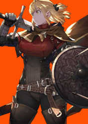 Rule 34 | 1girl, armor, arrow (projectile), belt, black bow, boots, bow, braid, brown cape, brown eyes, cape, closed mouth, fantasy, female focus, french braid, gauntlets, hair bow, holding, holding shield, holding sword, holding weapon, jun (navigavi), leather armor, medieval, one side up, orange background, over shoulder, second-party source, sheath, shield, simple background, solo, sword, thigh boots, thighhighs, weapon, weapon over shoulder