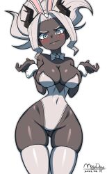 Rule 34 | 1girl, absurdres, animal ears, black skin, blush, bow, bowtie, breasts, cleavage, colored skin, covered navel, cowboy shot, demon girl, detached collar, fake animal ears, gluteal fold, grey eyes, grey hair, helltaker, highres, horns, judgement (helltaker), large breasts, leotard, looking at viewer, maydaykiki, narrow waist, playboy bunny, ponytail, rabbit ears, simple background, skindentation, solo, standing, wavy mouth, white background, white leotard, wrist cuffs