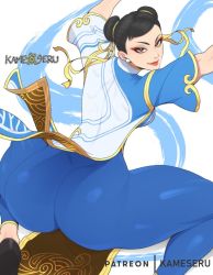 Rule 34 | 1girl, ass, black hair, blue pants, capcom, china dress, chinese clothes, chun-li, double bun, dress, earrings, flats, from behind, hair ribbon, jewelry, kameseru, lips, looking at viewer, looking back, pants, pearl earrings, pelvic curtain, ribbon, smile, solo, squatting, street fighter, street fighter 6, thick thighs, thighs, tight clothes, tight pants, two-tone dress