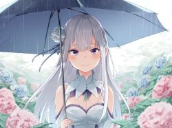 Rule 34 | 10s, 1girl, breasts, cleavage, closed mouth, commentary request, detached collar, detached sleeves, elf, emilia (re:zero), flower, gem, hair between eyes, hair flower, hair ornament, hair ribbon, hidaka kouyou, highres, holding, holding umbrella, hydrangea, long hair, looking at viewer, pointy ears, purple eyes, purple ribbon, rain, re:zero kara hajimeru isekai seikatsu, ribbon, silver hair, solo, tearing up, umbrella, white flower, x hair ornament