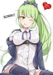 Rule 34 | 1girl, azur lane, blue legwear, blunt bangs, bow, breasts, commentary request, covered erect nipples, gloves, green hair, hair bow, hard-translated, heart, highres, hoshimiya mashiro, large breasts, licking lips, long hair, long sleeves, looking at viewer, miniskirt, neck ribbon, one eye closed, pleated skirt, ponytail, ribbon, shropshire (azur lane), sidelocks, simple background, sitting, skirt, solo, third-party edit, tongue, tongue out, translated, uniform, white background, white gloves, yellow eyes