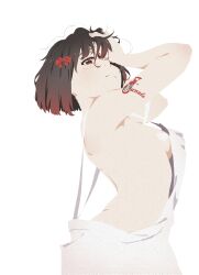 1girl absurdres arm_tattoo backless_outfit breasts closed_mouth from_side hibike!_euphonium highres hisaishi_kanade looking_at_viewer one_eye_closed short_hair sideboob solo tanaka29556626 tattoo