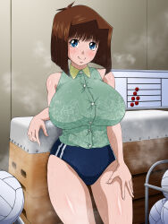 Rule 34 | 1girl, absurdres, akaokami, ball, blue eyes, blush, breasts, brown hair, buruma, buttons, clothing cutout, collared shirt, commentary request, gym equipment, gym storeroom, gym uniform, hand on own thigh, highres, huge breasts, indoors, leaning on object, looking at viewer, mazaki anzu, medium hair, navel, shirt, sleeveless, smell, smile, solo, steam, steaming body, stomach, sweat, thighs, underboob, very sweaty, volleyball (object), wet, yu-gi-oh!
