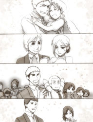 Rule 34 | alcohol, annie leonhart, armin arlert, arms around neck, arms behind head, bertolt hoover, carrying, champagne, krista lenz, connie springer, couple, cup, dress, eren yeager, everyone, closed eyes, formal, glass, glasses, grin, hair ornament, hange zoe, happy, jean kirstein, levi (shingeki no kyojin), mikasa ackerman, monochrome, necktie, open mouth, princess carry, reiner braun, sasha blouse, shingeki no kyojin, smile, sparkle, suit, sweatdrop, tears, tuxedo, veil, wedding, wedding dress, ymir (shingeki no kyojin)