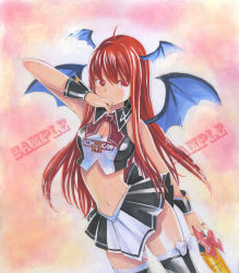 Rule 34 | 1girl, ahoge, arm up, bare shoulders, bat wings, black thighhighs, bottle, bow, breasts, cleavage, cleavage cutout, clothing cutout, collar, covering own mouth, embodiment of scarlet devil, female focus, head wings, koakuma, long hair, marker (medium), mayo riyo, midriff, navel, race queen, red eyes, red hair, sample watermark, small breasts, solo, thighhighs, touhou, traditional media, trophy, very long hair, watermark, wings, wrist cuffs, zettai ryouiki