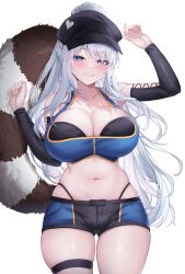 Rule 34 | 1girl, absurdres, arm up, black bra, black headwear, black panties, black shorts, black sleeves, blue eyes, blue shorts, blue vest, bra, breasts, commission, copyright request, crop top, cross-laced clothes, cross-laced sleeves, deogho (liujinzy9854), detached sleeves, grey hair, grin, high ponytail, highleg, highleg panties, highres, large breasts, long hair, looking at viewer, navel, panties, raccoon tail, short shorts, shorts, simple background, skindentation, smile, solo, stomach, tail, thigh strap, thighs, two-tone shorts, underwear, very long hair, vest, white background