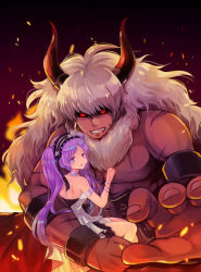 Rule 34 | 1boy, 1girl, asterios (fate), back, bare legs, black hairband, black sclera, carrying, clenched teeth, colored sclera, dress, earrings, euryale (fate), euryale (third ascension) (fate), fate/grand order, fate (series), fire, flower, hair flower, hair ornament, hairband, highres, hoop earrings, horns, jewelry, kosuke (kosuke zzz), long hair, muscular, protecting, purple eyes, purple hair, red eyes, scar, single earring, size difference, teeth, topless male, twintails, white dress, white hair