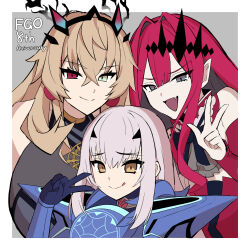 Rule 34 | 3girls, absurdres, armor, baobhan sith (fate), baobhan sith (first ascension) (fate), barghest (fate), barghest (second ascension) (fate), blonde hair, blue armor, brown eyes, earrings, fang, fate/grand order, fate (series), gloves, green eyes, grey background, grey eyes, heterochromia, highres, imuzi, jewelry, long hair, melusine (fate), melusine (first ascension) (fate), multiple girls, pink hair, pointy ears, red eyes, smile, tongue, tongue out, typo, v, white hair