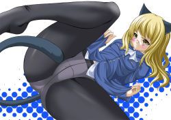 Rule 34 | 00s, 1girl, animal ears, blonde hair, blush, cat ears, cat tail, crotch, crotch seam, glasses, lying, minoura-mino, panties, panties under pantyhose, pantyhose, perrine h. clostermann, short hair, solo, strike witches, tail, underwear, world witches series, yellow eyes