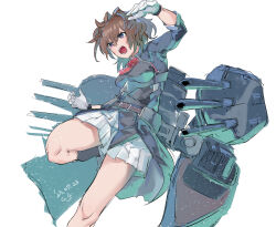 Rule 34 | 1girl, ascot, black jacket, blue eyes, brown hair, cannon, feet out of frame, flower, gegeron, gloves, highres, jacket, kantai collection, long hair, machinery, messy hair, military uniform, neck flower, one-hour drawing challenge, pleated skirt, ponytail, red ascot, red flower, red rose, rose, sheffield (kancolle), simple background, skirt, solo, turret, uniform, white background, white gloves, white skirt