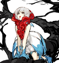 Rule 34 | 1girl, blood, blood from mouth, blue footwear, blue gloves, boots, dress, gloves, grey eyes, lobotomy corporation, nishikujic, open mouth, personification, project moon, punishing bird, short hair, simple background, sitting on branch, sleeveless, sleeveless dress, solo, tree, white background, white dress, white hair