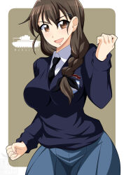 Rule 34 | 1girl, black necktie, black ribbon, blue skirt, blue sweater, braid, braided ponytail, brown background, brown eyes, brown hair, character name, clenched hands, commentary, cowboy shot, dress shirt, emblem, girls und panzer, hair ornament, hair over shoulder, hair ribbon, hairclip, highres, ichijou takakiyo, long hair, long sleeves, looking at viewer, matilda (tank), military, military vehicle, motor vehicle, necktie, open mouth, outside border, pleated skirt, ribbon, rounded corners, rukuriri (girls und panzer), school uniform, shirt, single braid, skirt, smile, solo, st. gloriana&#039;s (emblem), st. gloriana&#039;s school uniform, sweater, tank, v-neck, white shirt, wing collar