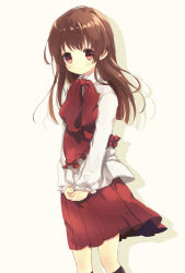 Rule 34 | 1girl, bad id, bad pixiv id, blouse, bow, brown hair, collared shirt, flower, hair flower, hair ornament, hairband, ib (ib), ib (kouri), lolita fashion, long hair, looking at viewer, mary janes, own hands together, pantyhose, red eyes, rose, shirt, shoes, skirt, smile, solo, suzumori uina