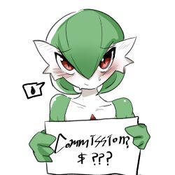 Rule 34 | 1girl, :/, blush, bob cut, cheokcheokaksa, closed mouth, collarbone, colored skin, creatures (company), english text, female focus, flat chest, game freak, gardevoir, gen 3 pokemon, green hair, green skin, hair between eyes, hands up, highres, holding, holding sign, looking at viewer, multicolored skin, nintendo, pokemon, pokemon (creature), raised eyebrows, red eyes, short hair, sign, simple background, sketch, solo, speech bubble, spoken sweatdrop, straight-on, sweat, sweatdrop, two-tone skin, upper body, white background, white skin