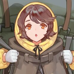 1girl backpack bag brown_eyes brown_hair eyebrows_hidden_by_hair female_focus game_cg gloves holding holding_strap hood hood_up hoodie last_origin long_sleeves looking_at_viewer official_art open_mouth rorobomb short_hair silky_(last_origin) sweater_under_jacket upper_body white_gloves yellow_hood yellow_hoodie