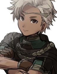 Rule 34 | 1boy, boey (fire emblem), brown eyes, cape, circlet, crossed arms, dark skin, dark-skinned male, fire emblem, fire emblem echoes: shadows of valentia, gloves, kometubu0712, male focus, nintendo, simple background, upper body, white background, white hair