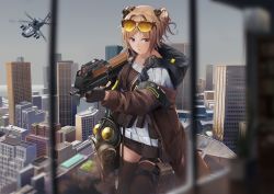 Rule 34 | 1girl, absurdres, ah-64 apache, aircraft, ammunition, buckle, bullet, bullpup, cityscape, commission, eyewear on head, fn 5.7x28mm, gas mask, girls&#039; frontline, gun, helicopter, highres, horizontal magazine, light brown hair, mask, medium hair, nighttsound, p90, p90 (girls&#039; frontline), pdw cartridge, personal defense weapon, red eyes, see-through, skeb commission, snap-fit buckle, solo, submachine gun, sunglasses on head, translucent, vehicle request, weapon