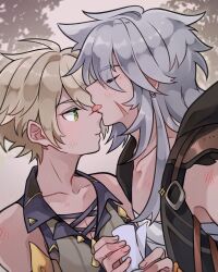 Rule 34 | 2boys, bandaid, bandaid on face, bandaid on nose, bennett (genshin impact), blonde hair, brown hood, closed eyes, closed mouth, earrings, genshin impact, green eyes, grey hair, hair between eyes, highres, holding, jewelry, licking, long hair, luciarielucia, male focus, multiple boys, razor (genshin impact), scar, scar on face, short hair, tongue, tongue out, yaoi