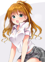 Rule 34 | 1girl, blush, breasts, brown hair, collarbone, floating hair, green eyes, grey background, grey skirt, hair between eyes, hair ornament, hair scrunchie, hino akane (idolmaster), idolmaster, idolmaster cinderella girls, long hair, looking at viewer, medium breasts, miniskirt, open mouth, pleated skirt, ponytail, scrunchie, see-through, shirt, short sleeves, sitting, skirt, solo, sweat, trente, wet, wet clothes, wet shirt, white shirt, yellow scrunchie
