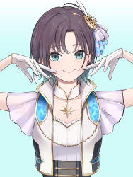 Rule 34 | 1girl, absurdres, asakura toru, blue background, breasts, cleavage, closed mouth, collarbone, colored tips, corset, cropped jacket, detached collar, ear piercing, gloves, green eyes, hair ornament, hands up, highres, idolmaster, idolmaster shiny colors, jacket, looking at viewer, multicolored hair, parted bangs, piercing, shirt, short hair, short sleeves, simple background, sjuno, smile, solo, upper body, white gloves, white jacket, white shirt
