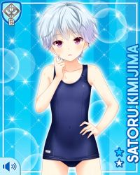 Rule 34 | 1girl, black one-piece swimsuit, blue background, card (medium), character name, competition swimsuit, covered navel, day, girlfriend (kari), kimijima satoru, looking at viewer, official art, one-piece swimsuit, open mouth, purple eyes, qp:flapper, short hair, standing, swimsuit, tagme, white hair