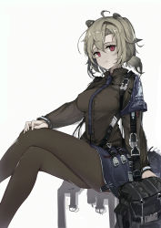 Rule 34 | 1girl, absinthe (arknights), absurdres, ahoge, animal ears, arknights, bag, bear ears, black jacket, black pantyhose, breasts, commentary request, feet out of frame, grey hair, hair between eyes, highres, huge filesize, invisible chair, jacket, long sleeves, looking at viewer, medium breasts, pantyhose, partial commentary, red eyes, short hair, simple background, sitting, solo, thighs, timmoo, white background