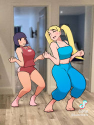 Rule 34 | 2girls, ^ ^, baggy pants, barefoot, beyonce (copyright), black eyes, black hair, blonde hair, blue camisole, blue pajamas, blurry, blurry background, bob cut, brand name imitation, breasts, camisole, casual, cleavage, closed eyes, commentary, cuff it dance challenge (meme), dancing, dolphin shorts, english commentary, full body, highres, long hair, medium breasts, meme, midriff, multiple girls, no mask, pajamas, pants, photo background, quasimodox, rainbow mika, red shorts, red tank top, short hair, shorts, smile, socks, solid circle pupils, street fighter, street fighter v, tan, tank top, tiktok, tiktok logo, twintails, w arms, yamato nadeshiko (street fighter)