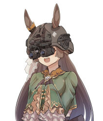Rule 34 | 1girl, animal ears, breasts, commentary request, dress, frilled dress, frills, hair ornament, helmet, highres, horse ears, large breasts, long sleeves, looking to the side, natsukaze shigure, night vision device, open mouth, own hands together, portrait, satono diamond (umamusume), simple background, solo, umamusume, white background