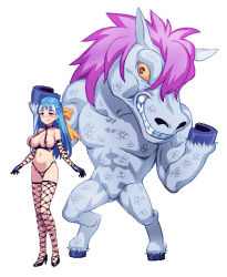 Rule 34 | 1boy, 1girl, 774 (nanashi), :q, bare shoulders, bikini, blue eyes, blue hair, blush, bow, bracelet, braid, braided updo, breasts, dragon quest, dragon quest heroes, dragon quest v, fishnet thighhighs, fishnets, flora (dq5), full body, furry, furry with non-furry, gloves, hair bow, high heels, horse, horse boy, interspecies, jami, jewelry, jyami, large breasts, long hair, micro bikini, muscular, muscular male, naughty face, pixel art, revealing clothes, shoes, simple background, smile, standing, swimsuit, thighhighs, tongue, tongue out, white background, yellow bow