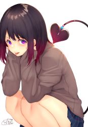 Rule 34 | 1girl, black hair, blue skirt, blush, brown shirt, chita (ketchup), commentary request, demon tail, feet out of frame, gradient hair, highres, knees up, long sleeves, looking at viewer, multicolored hair, original, plaid, plaid skirt, pleated skirt, purple eyes, purple hair, shirt, signature, simple background, skirt, sleeves past wrists, solo, tail, tail raised, tongue, tongue out, white background
