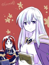 Rule 34 | 1boy, 1girl, book, brother and sister, circlet, dress, facial mark, fire emblem, fire emblem: genealogy of the holy war, forehead mark, holding, holding book, julia (fire emblem), julius (fire emblem), long hair, nintendo, purple eyes, purple hair, red eyes, red hair, siblings, simple background, smile, twins, yukia (firstaid0)