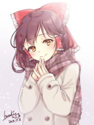 Rule 34 | 1girl, artist name, blush, bow, brown eyes, brown hair, coat, commentary, dated, enpera, frilled bow, frills, gradient background, grey background, grey coat, grey scarf, hair bow, hair tubes, hakurei reimu, haruki (colorful macaron), head tilt, highres, long sleeves, looking at viewer, own hands together, plaid, plaid scarf, red bow, scarf, short hair, signature, sleeves past wrists, smile, solo, sparkle, touhou, upper body, white background