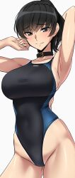 1girl absurdres amagami arm_behind_head arm_up armpits belt belt_collar black_belt black_eyes black_hair black_one-piece_swimsuit blue_one-piece_swimsuit blush breasts closed_mouth collar commentary_request competition_swimsuit cowboy_shot groin hair_between_eyes hand_up highleg highleg_one-piece_swimsuit highres large_breasts looking_at_viewer one-piece_swimsuit one-piece_tan ponytail short_hair simple_background smile solo split_mouth standing swimsuit tan tanline tsukahara_hibiki two-tone_one-piece_swimsuit white_background yoo_tenchi