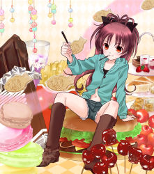 Rule 34 | 10s, 1girl, apple, arm support, blush, boots, burger, cake, candy, candy apple, checkered floor, cheese, cherry, chocolate, chocolate bar, cookie, cup, denim, denim shorts, eating, floor, food, french fries, fruit, halftone, holding, hood, hoodie, in food, knee boots, konpeitou, kyubey, lettuce, long hair, macaron, mahou shoujo madoka magica, mahou shoujo madoka magica (anime), navel, oversized object, pink hair, pocky, ponytail, red eyes, sakura kyoko, sakuragi akira, shorts, sitting, snowflakes, solo, strawberry, taiyaki, tiered tray, tomato, wagashi, when you see it