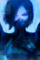 Rule 34 | 1girl, alex chow, black hair, blue background, blue theme, bodysuit, glitch, green eyes, highres, looking at viewer, mask, mouth mask, parted bangs, portrait, short hair, solo, straight-on, valorant, viper (valorant)