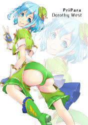 Rule 34 | &gt;:), 1girl, ass, blue eyes, blue hair, boots, braid, character name, dorothy west, fingerless gloves, from behind, from below, gloves, hat, looking at viewer, matching hair/eyes, pretty series, pretty rhythm, pripara, shiny skin, short hair, short shorts, shorts, smile, solo, umekottsu, v