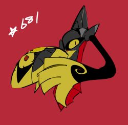 Rule 34 | aegislash, alternate color, apios, black sclera, colored sclera, creatures (company), full body, game freak, gen 6 pokemon, highres, looking to the side, nintendo, no humans, one-eyed, pokedex number, pokemon, pokemon (creature), red background, shield, shiny pokemon, simple background, sketch, solo, star (symbol), sword, weapon, yellow eyes