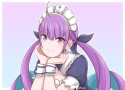 Rule 34 | 1girl, ahoge, anchor symbol, aqua hair, black bow, black bowtie, black ribbon, bow, bowtie, braid, colored inner hair, commentary, disco brando, french braid, gradient background, hair between eyes, hair ribbon, head rest, highres, hololive, long hair, looking at viewer, maid headdress, minato aqua, minato aqua (1st costume), multicolored hair, outline, puffy short sleeves, puffy sleeves, purple background, purple eyes, purple hair, ribbon, short sleeves, simple background, smile, solo, streaked hair, twintails, two-tone hair, virtual youtuber, white outline, wristband