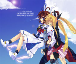 Rule 34 | 00s, 2girls, blonde hair, blue eyes, blue sky, blush, bow, bowtie, brown hair, closed eyes, cloud, day, dress, fate testarossa, fate testarossa (lightning form), from side, long hair, long sleeves, lyrical nanoha, mahou shoujo lyrical nanoha, mahou shoujo lyrical nanoha a&#039;s, multiple girls, profile, red bow, red bowtie, sky, sun, sunlight, takamachi nanoha, takamachi nanoha (sacred mode), thighhighs, twintails, very long hair, white dress, yuri