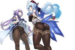 Rule 34 | 2girls, ahoge, ass, back, bare shoulders, bell, black gloves, black pantyhose, blue hair, blush, bodystocking, breasts, brown legwear, clothes lift, cone hair bun, cowbell, detached sleeves, double bun, dress, dress lift, ganyu (genshin impact), genshin impact, gloves, hair bun, hair ornament, highres, horns, jewelry, keqing (genshin impact), large breasts, long hair, looking at viewer, looking back, medium breasts, multiple girls, open mouth, pantyhose, parted lips, pendant, purple dress, purple eyes, purple gloves, purple hair, sparkle, swept bangs, thighs, tooya daisuke, twintails, vision (genshin impact), white dress